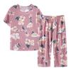 2 Pcs/Set Mid-aged Women Pajamas Set O Neck Flower Print Short Sleeve Elastic Waist Pleated Loose Thin Wide Leg Soft Sleepwear