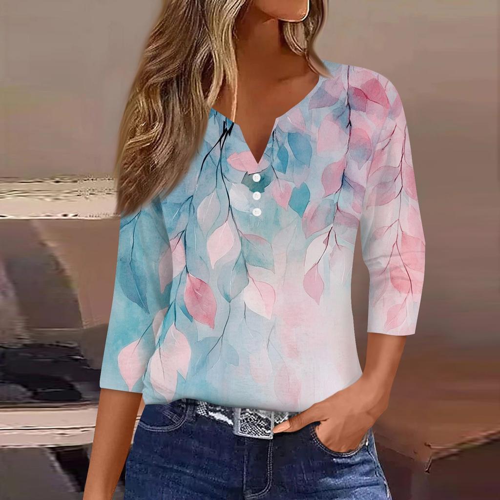Women's T Shirt Tee Print Button 3/4 Sleeve Daily Weekend Fashion Basic V Neck Regular Top