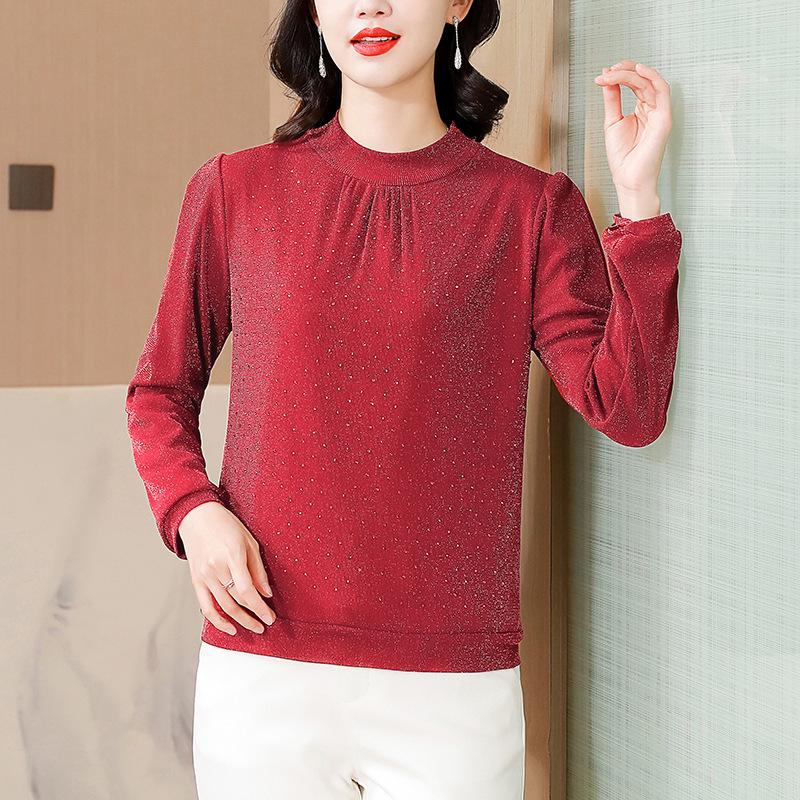 Футболка с длинными рукавами, женская внутренняя рубашка в иностранном стиле для мам среднего возраста, зимняя теплая верхняя часть, бархатная нижняя рубашка