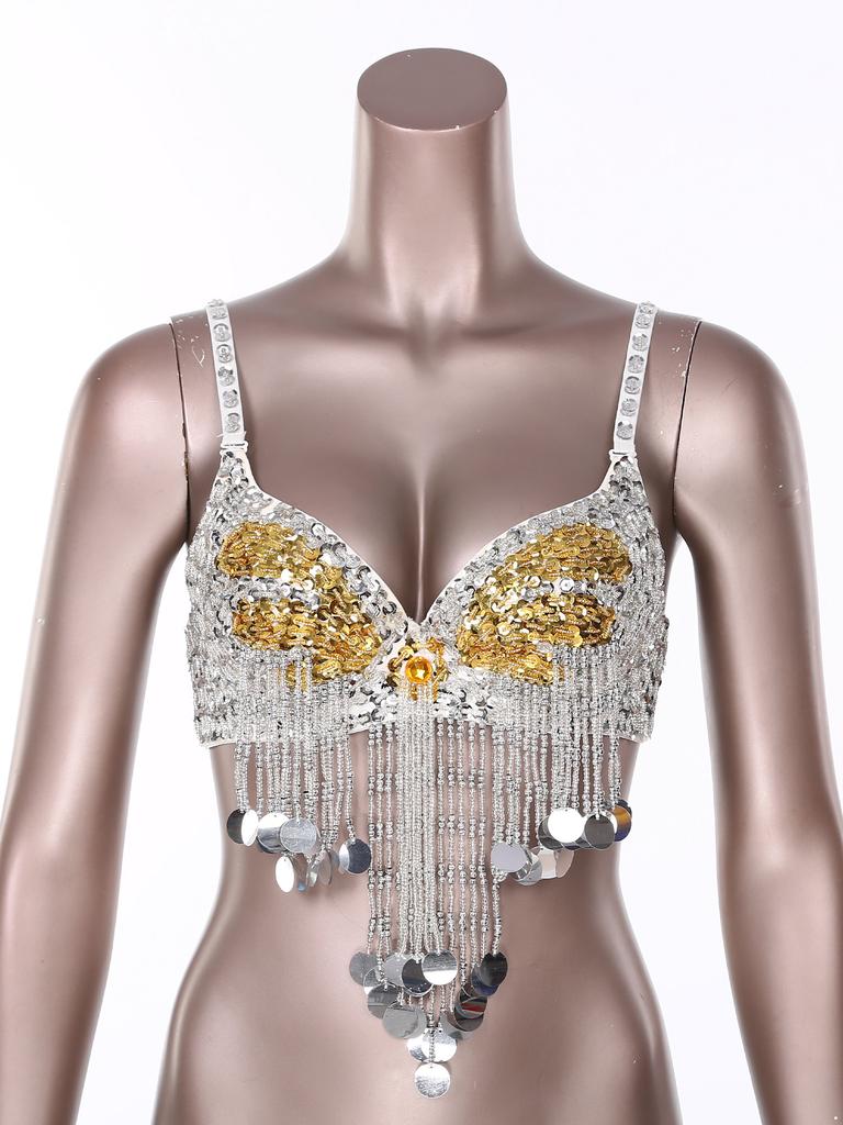Women Music Festival Club Dancing Costume Shiny Belly Dance Bra Tops Tassel Sequined Costume Carnival Outfit Dancewear