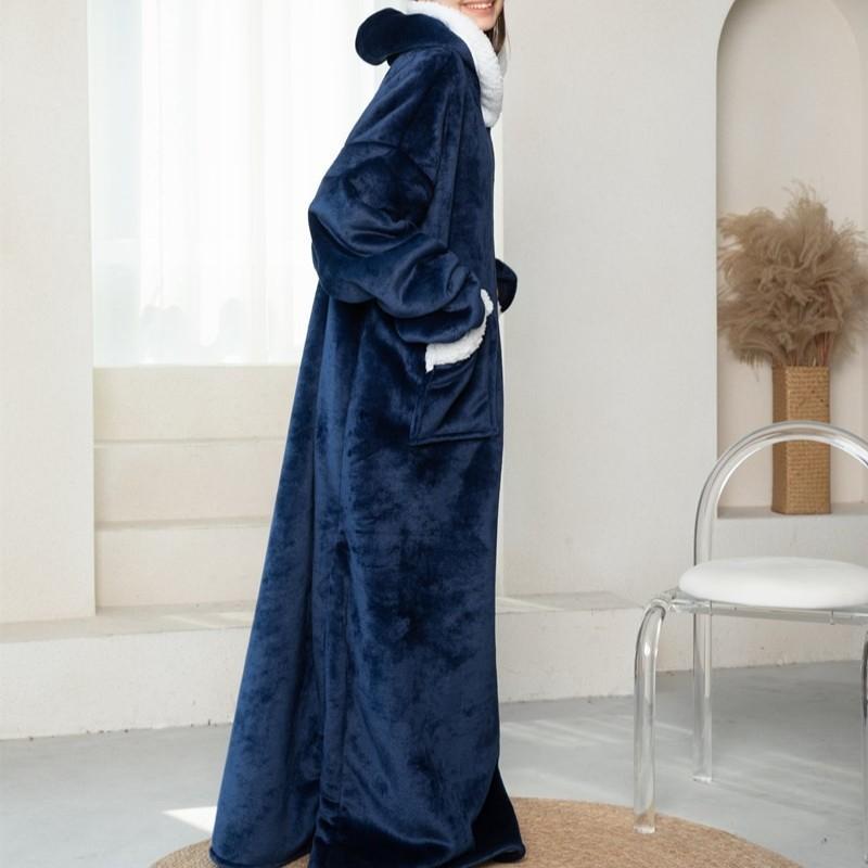 Winter Long Fleece Hooded Top With Pockets Split Hem Casual Warm Loungewear