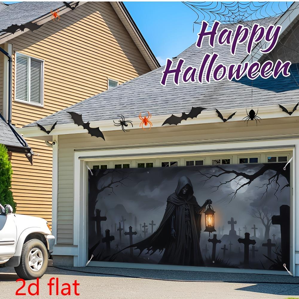 1pc 2D Flat ,Halloween Banner Lights Spooky Graveyard Skeleton Zombie Backdrop Outdoor Holiday Decor , 157*71in