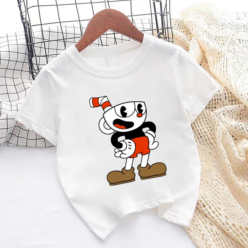 Футболка с принтом игры Cuphead Мультяшная Милая Детская Футболка Летние Топы для Девочек Повседневная Одежда для Малышей Детские Футболки с Короткой Рукавой с Круглым Вырезом