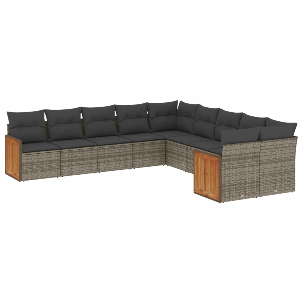 10 Piece Grey Garden Sofa Set with Cushions Poly Rattan