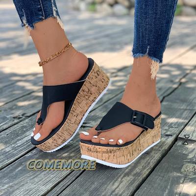Женские летние шлепанцы, женские босоножки на танкетке и платформе, сандалии с пряжкой, нескользящие пляжные шлепанцы на платформе 2024