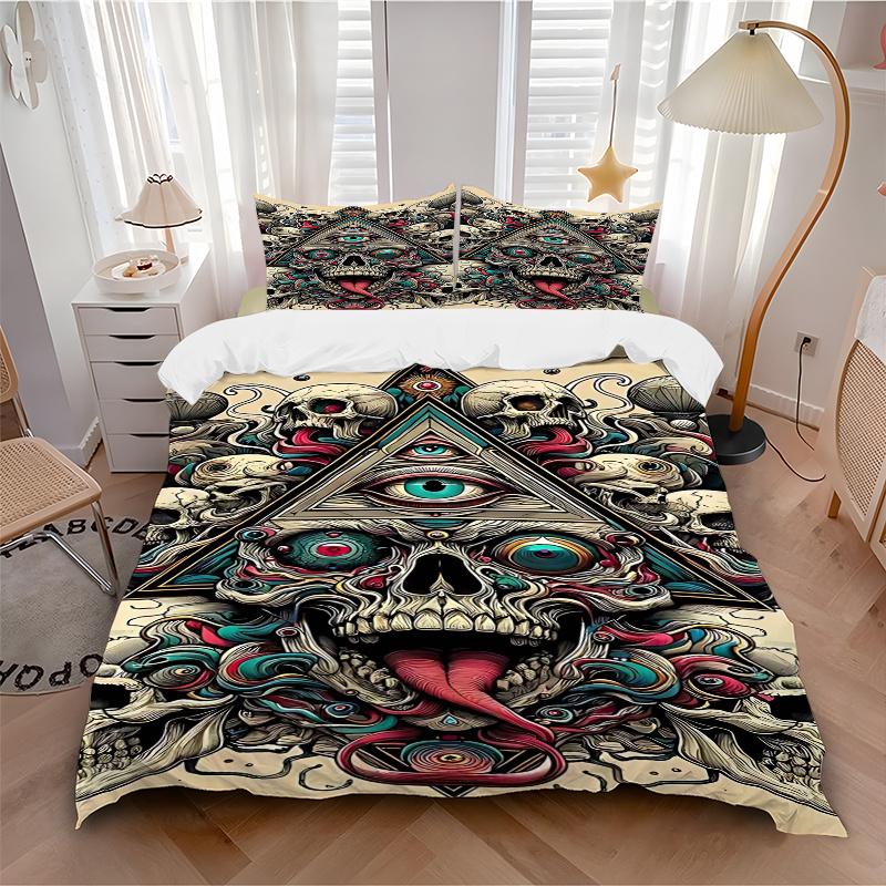3pcs Anime Skulls & Pyramids Comforter Set with One Quilt Cover and Two Pillowcases (No Core) - Home Decor, Festival Gift, Polyester Fabric, Bedroom a