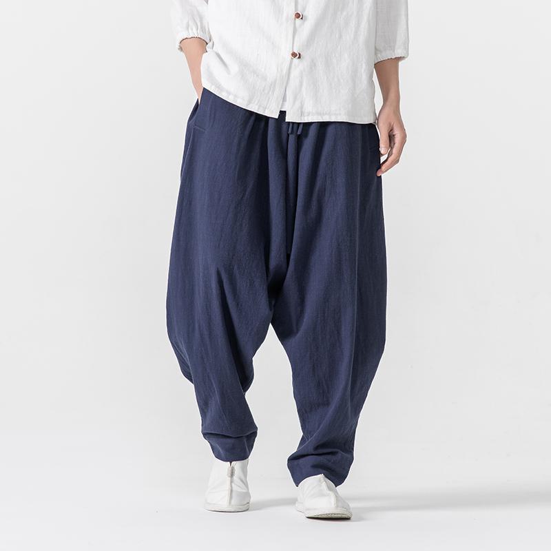 2025 Мужские хлопковые льняные брюки, шаровары, мужские мешковатые повседневные свободные джоггеры, широкие брюки для йоги, брюки с заниженным шаговым швом, хип-хоп