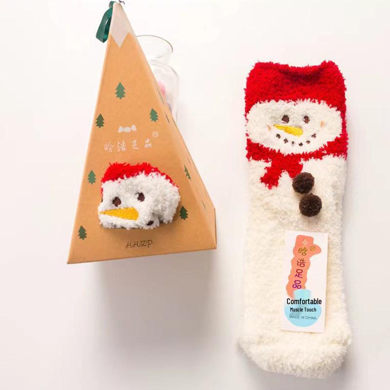3D Cartoon Coral Fleece Christmas Socks for Adults & Kids, Half-Velvet with Acrylic Ball Design
