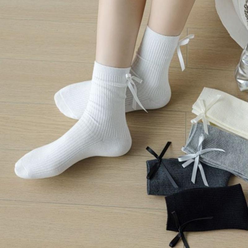 Ballet-style Spring and Summer Thin Cream White Socks for Women, Mid-calf Socks, Bow, Versatile, Black Pile Socks