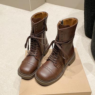 Модная осенняя новая модная обувь с круглым носком, шнуровкой спереди и боковой молнией, удобные ботинки до середины икры для женщин, ботинки на массивном каблуке