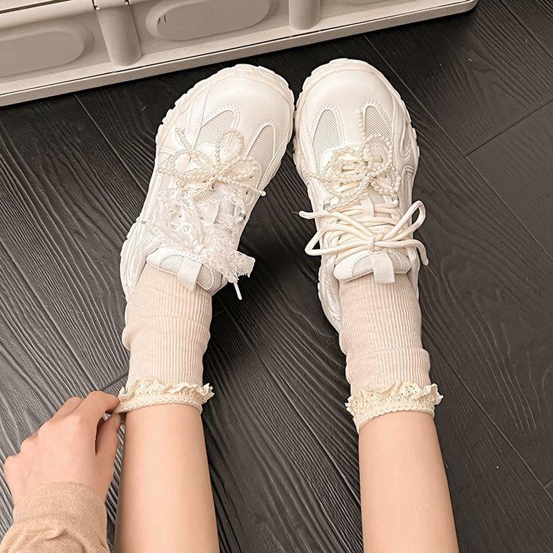 Балетки из кружева с жемчугом на платформе, женские весенние новые универсальные нишевые ретро спортивные туфли для отдыха