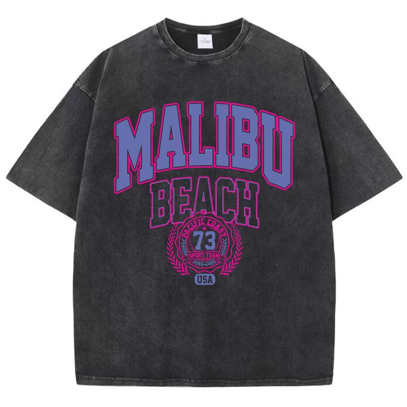 Vintage Woman Acid Wash T-Shirts Malibu Beach Pacific Coast Sport Team Prints Tops Crewneck Cotton Oversize Tees Clothes