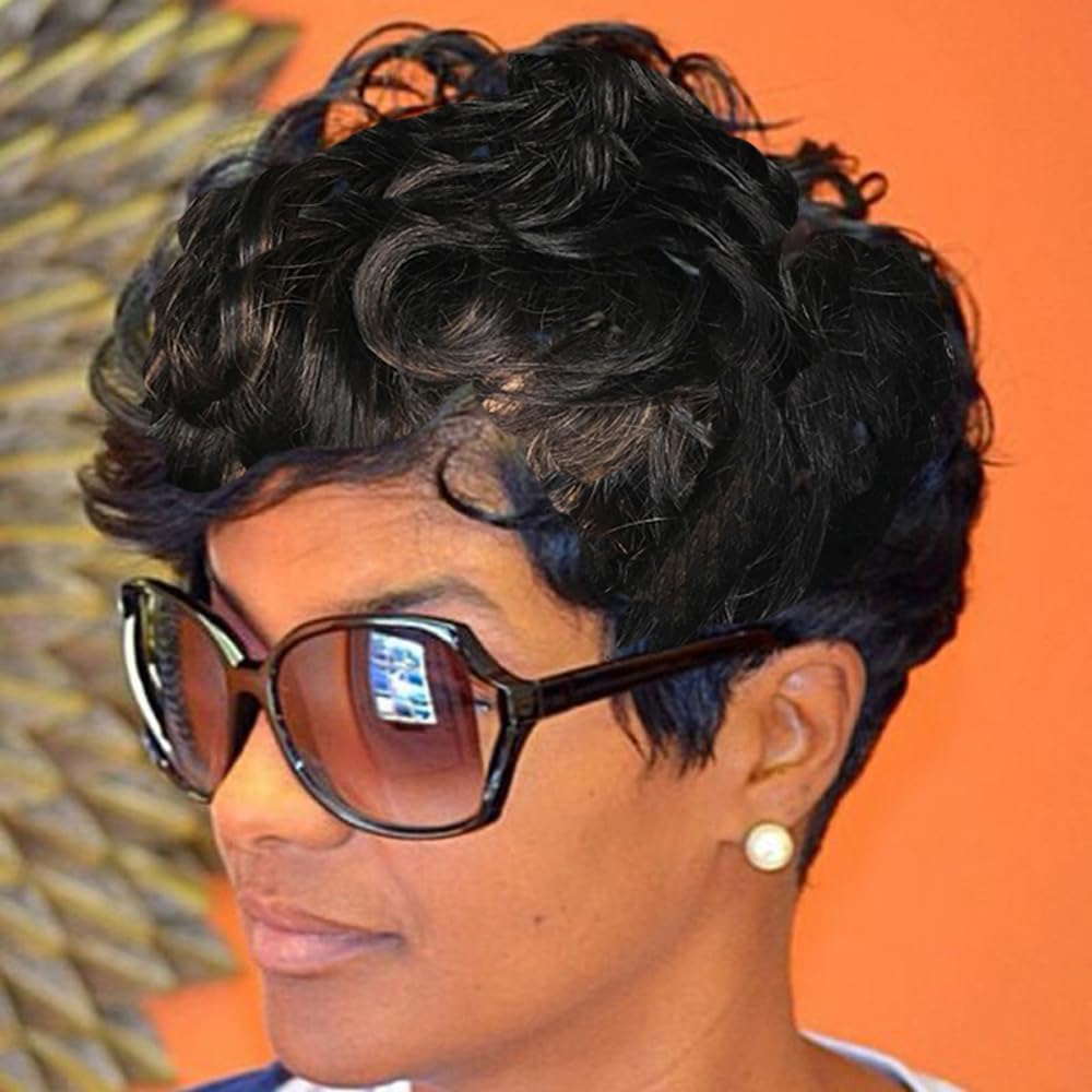 Short Pixie Wigs For Black Women Short Black Curly Pixie Wigs Synthetic Hair Wigs For Black Women Natural Wavy Black Pixie Cut W
