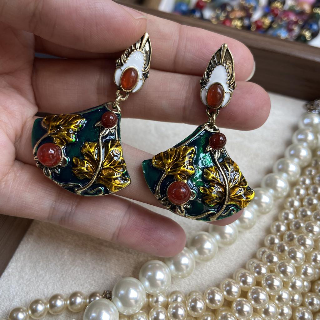 Веерные серьги цвета ветровой эмали в этническом стиле, высококачественные уши из настоящего золота S925 с покрытием из старой меди