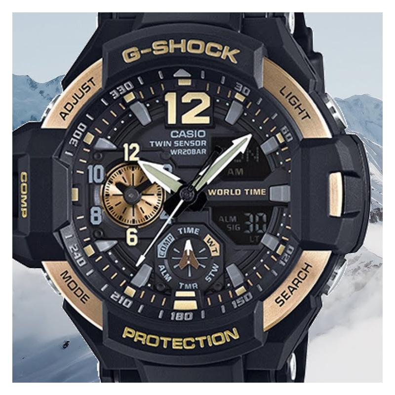 Casio CASIO G-SHOCK авиационная серия GRAVITYMASTER военный стиль полетная классика стрелочный двойной дисплей кварцевый механизм ремешок из смолы японский GA-1100-9G
