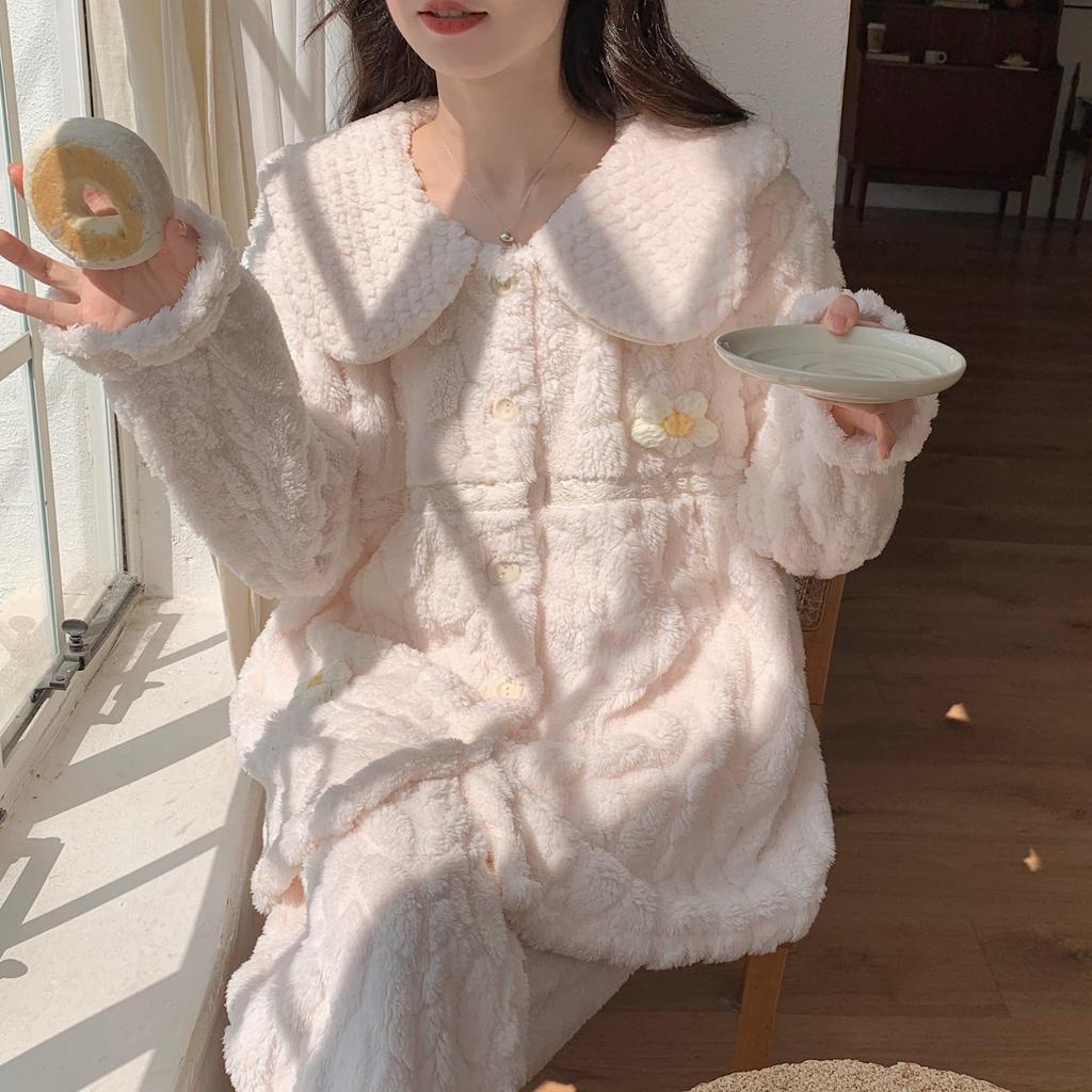 Женская пижама из кораллового флиса - плотный бархат, стиль принцессы, на осень и зиму