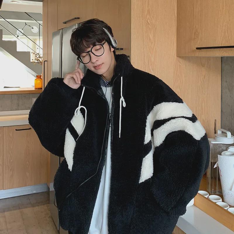 "2023 Men's Striped Stand Collar Lamb Wool Cotton Jacket - Niche Couple's Furry Coat"