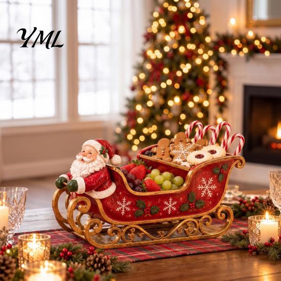 Christmas Dining Table Decor Santa Sleigh Centerpiece, Multi?Compartment Candy Fruit Serving Bowl, Retro Decoration Festive Tabletop Storage
