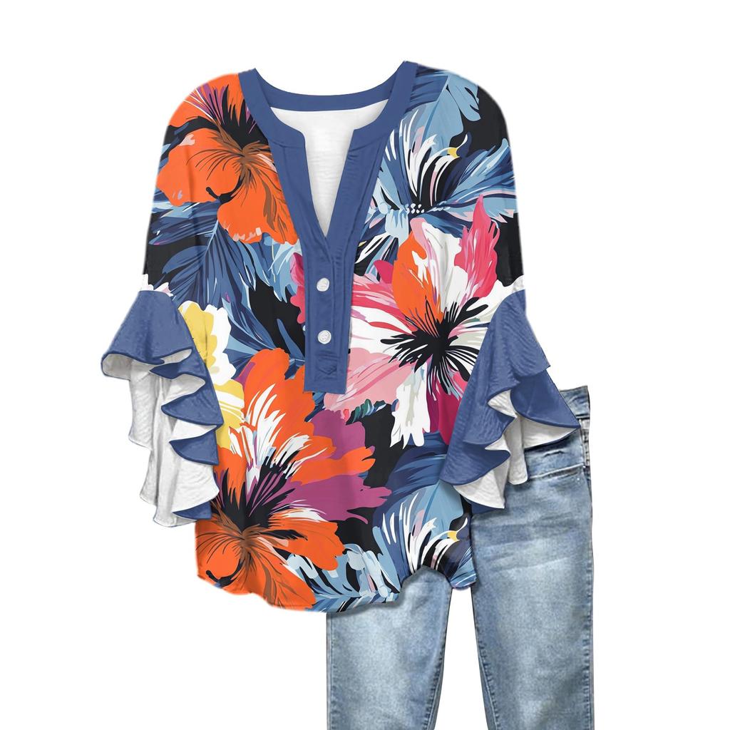 Summer Tops For Women Cute V Neck 3/4 Sleeve Blouses Floral Print Top Casual Shirts