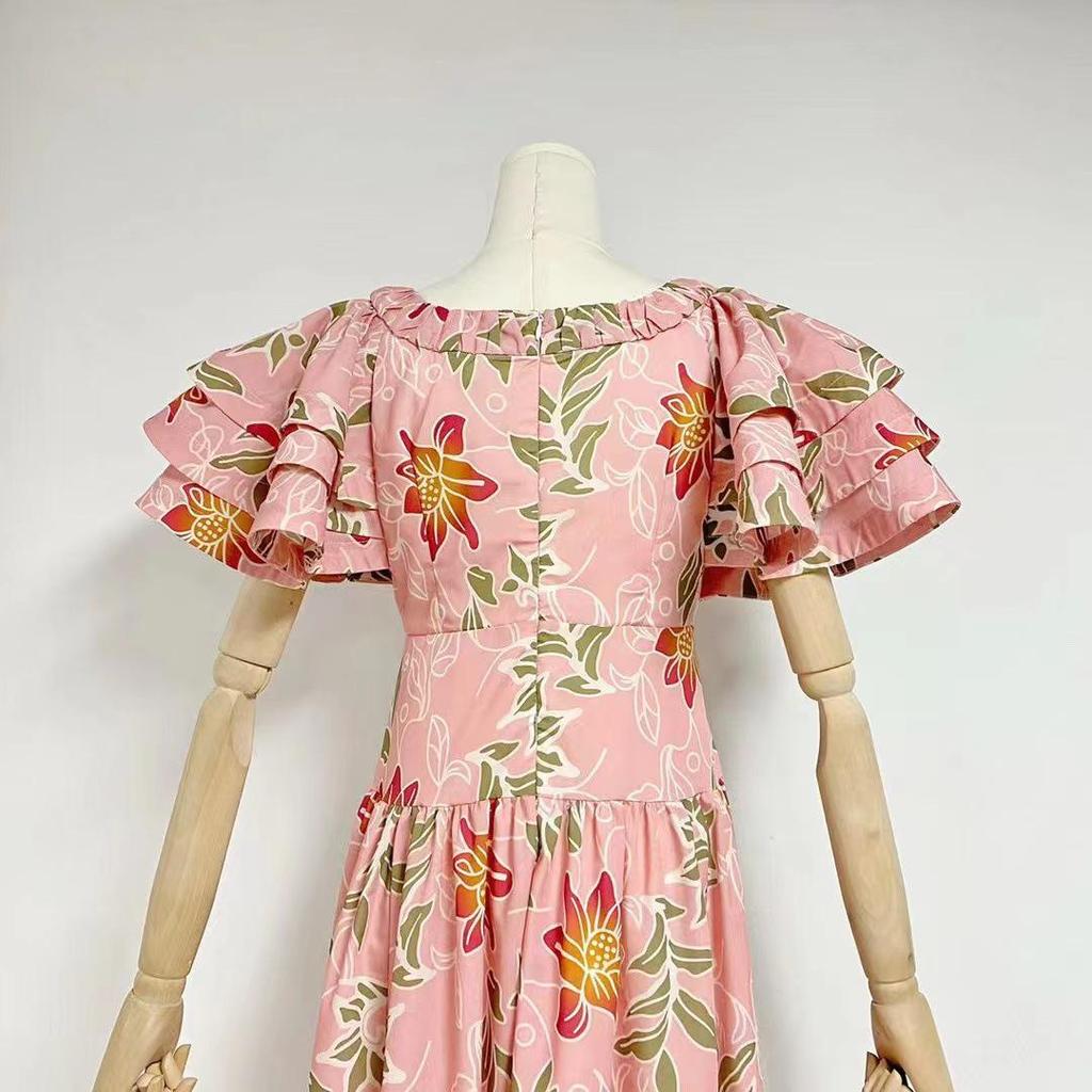 Australian Niche 2024 Spring Lightweight Printed Long Dress with Flutter Sleeves for Women