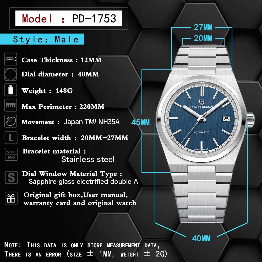 PAGANI DESIGN 40MM Watch Automatic Mechanical Wristwatch Sport 100MM AR Coated Sapphire Business Watch for Men PD1753