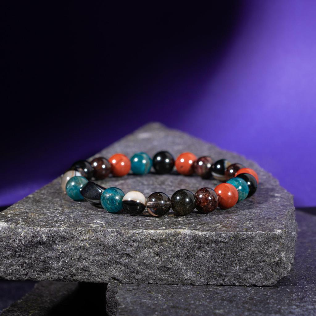 Браслет Девы Бордовый Красный гранат Гранат, дымчатый кварц, золотой обсидиан, яшма, голубой апатит, черный глазчатый агат