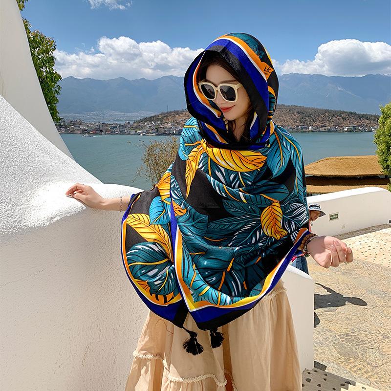 Summer cotton and linen feel scarf travel silk scarf sun protection air conditioner large shawl women's beach towel ethnic style scarf