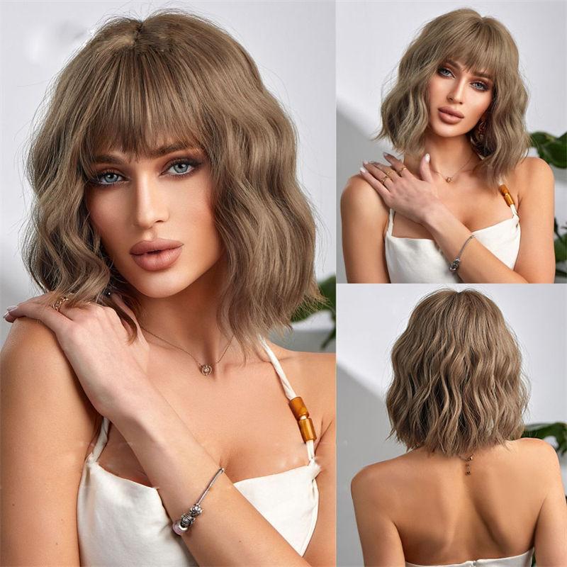 Breathable Light Curly Hair Summer Light Wave Head Bangs Short Wig Hair Cover Chemical Fiber Brown Natural