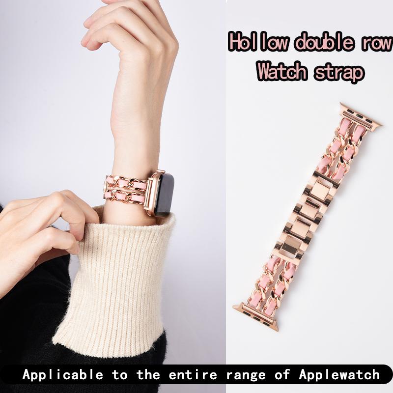 Watchband Double Row Metal Denim Chain Gold Wristband for Apple Watch Band 38 40 41 42 44 45 49 Mm Strap Lady Metal Leather Bracelet