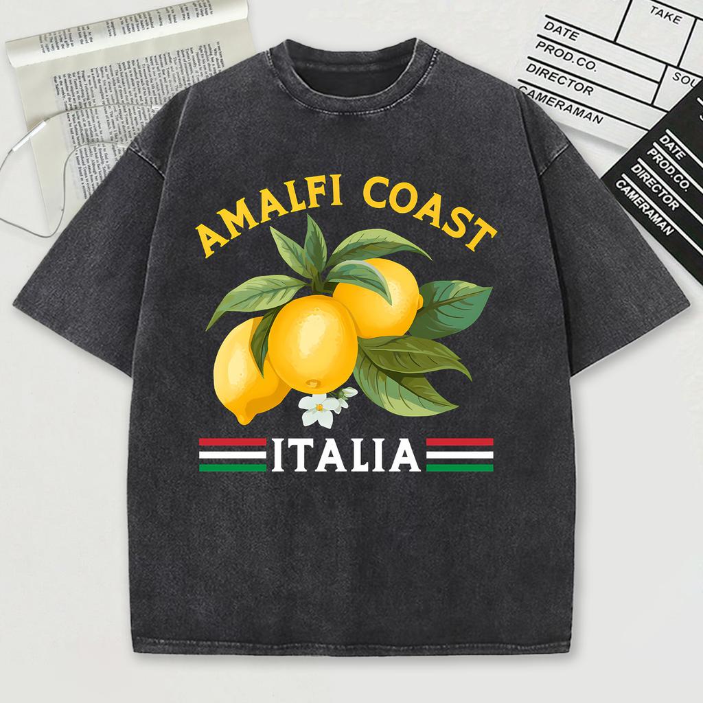 Amalfi Coast Italia Design Snow Wash T-Shirt Mens Summer Comfortable Short Sleeve Loose Unisex Cotton Tops Trendy Top