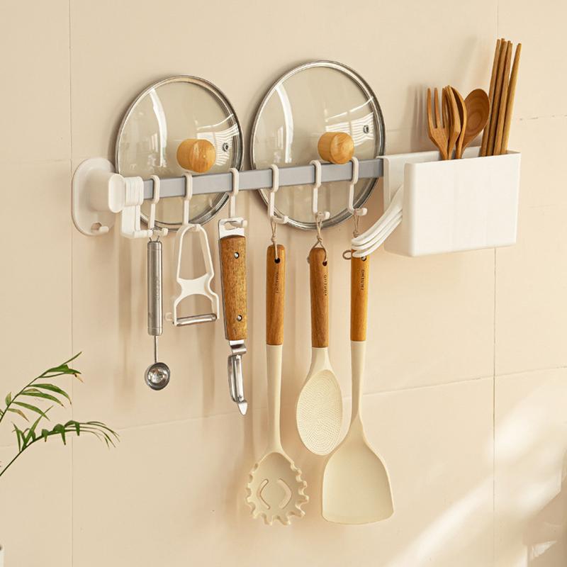 Kitchen Cooking Utensil Hanger Multifunction Punch-Free Wall Mounted Hooks for Spatula Spoon Large Capacity Lid Holder Organizer