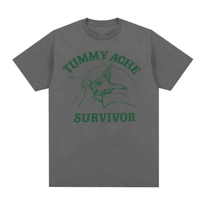 Funny Tummy Ache Survivor Meme Print Graphics T-Shirt Men Women's Vintage Short Sleeve Tees Oversized Cotton T Shirts Streetwear
