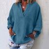 Women's Fashion Casual V Neck Long Sleeve Pullover Top Linen Cotton Blend