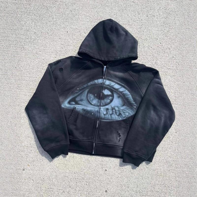 Oversized Zip-Up Hoodie With Y2K Graphic Print Loose Fit Streetwear Sweatshirt Women Black