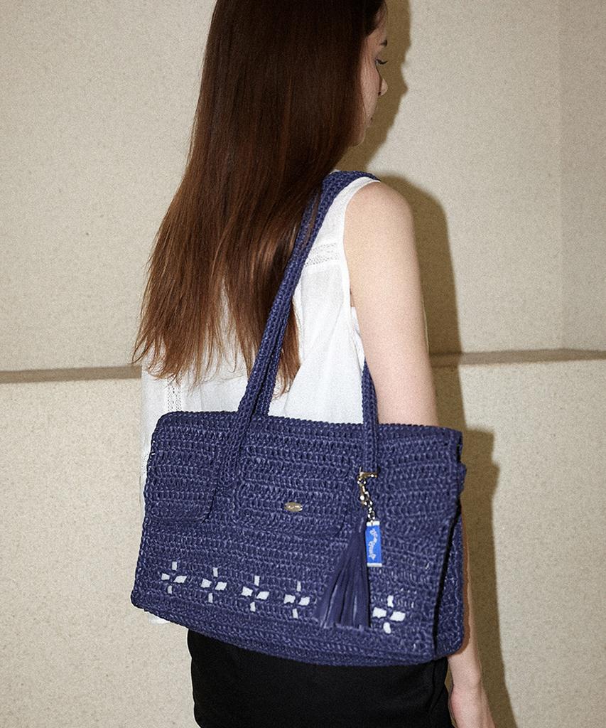 Slowslowly Lily Handmade Crochet Raffia Hermetic Shoulder Bag (+Gift Tassel Keyring Included) _ Navy