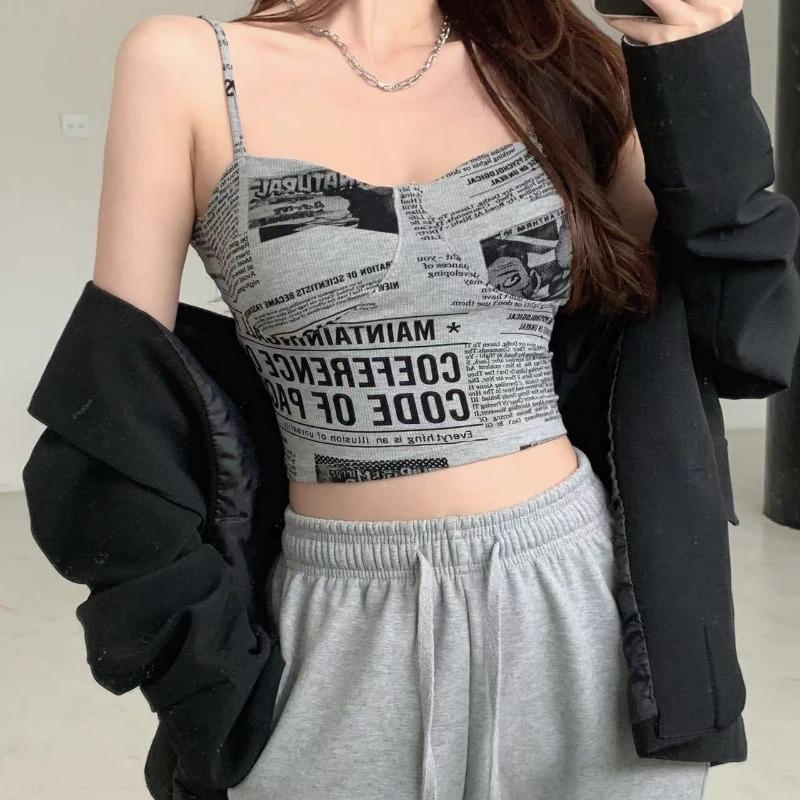 Женский бюстгальтер Push Up Camisole с подкладками, сексуальный топ с подтяжками, модные напечатанные газеты, женские мягкие топы без рукавов