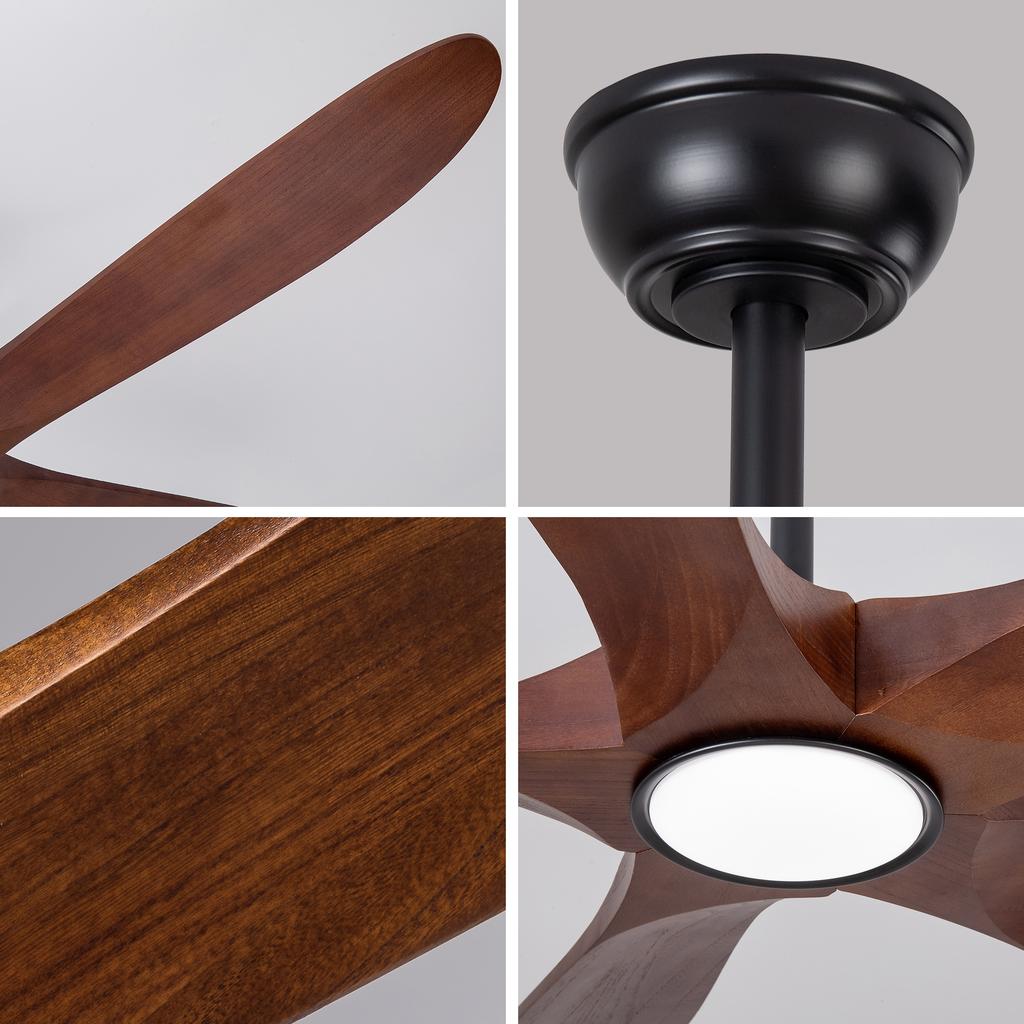 60-Inch Ceiling Fan with Light, Five Solid Wood Blades in Dark Walnut, 3CCT, dimmable, six speed settings, quiet air circulation for bedroom