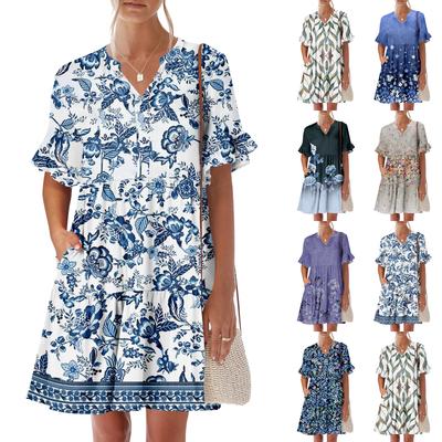 Женское летнее платье с коротким рукавом и V-образным вырезом, короткие платья, модное повседневное струящееся платье в стиле бохо с оборками и карманами