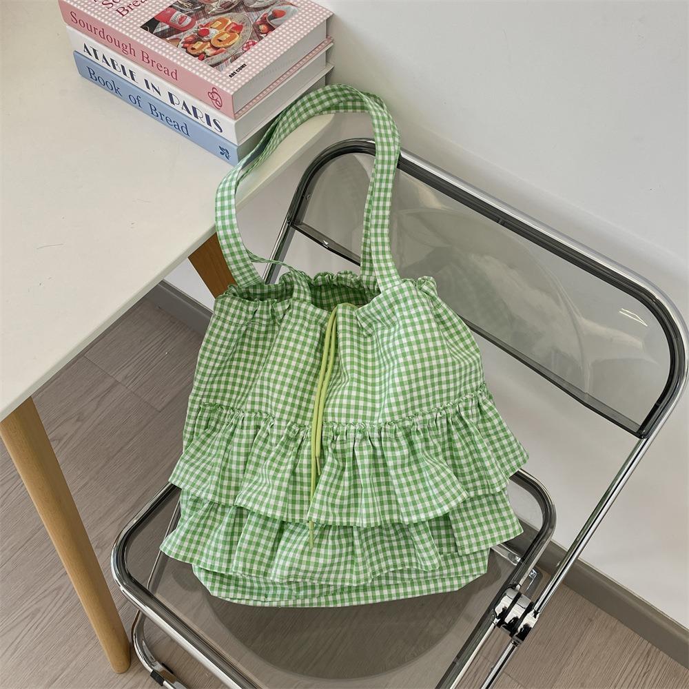 Sweet Canvas Plaid Bag College Style Cute Ruched Handbag Casual Ruffle Shoulder Bag  Travel