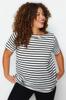 Women's Style Plus Size Black-White Striped Boat Neck Knitted T-shirt