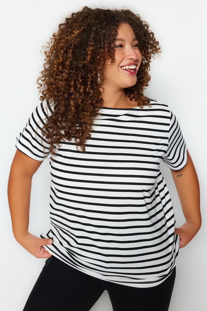 Women's Style Plus Size Black-White Striped Boat Neck Knitted T-shirt