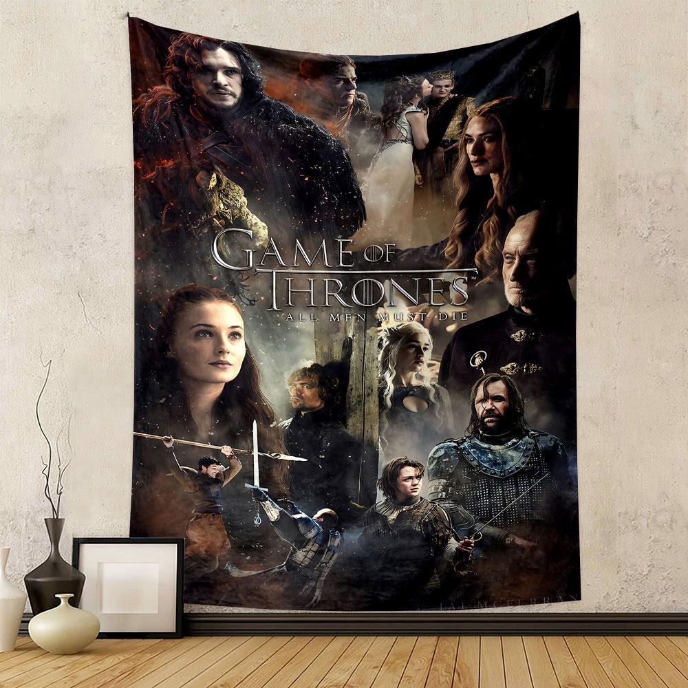 A collage of medieval-themed characters with dramatic lighting and text. Patterned tapestry for bedroom and living room home decor