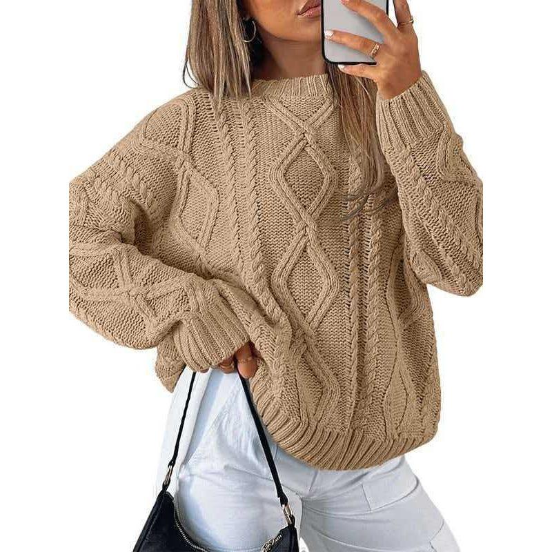 Twisted Cable Knit Crew Neck Loose Long Sleeve Sweater For Autumn Winter