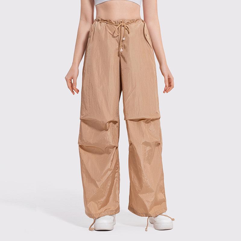 Women's Y2K Wide-Leg Cargo Pants with Drawstring - Slimming American Parachute Design for Casual Sport.