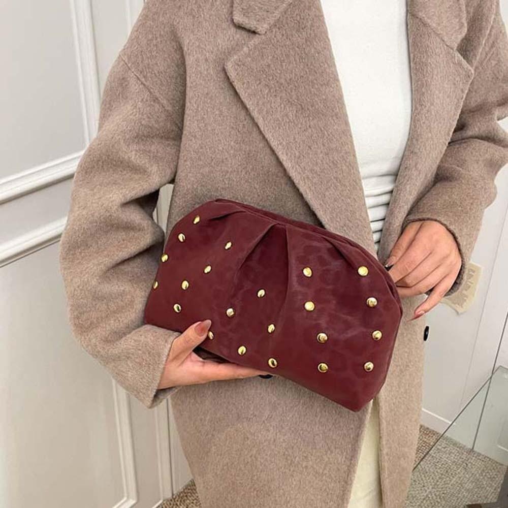 Versatile Matt Side Clutch Bag Retro Large Capacity Lady Hand-held Purse Leopard Print Magnetic Button Pleated Rivet Handbag