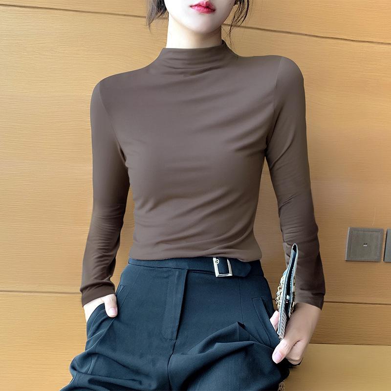 Autumn and Winter Elegant Half-high Collar Modal Base Shirt Women's Autumn Fleece-lined Women's Slim-fit Long-sleeved High Collar Inner Top