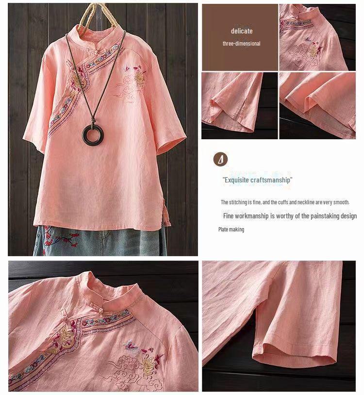 Летняя женская рубашка в национальном стиле с вышивкой из хлопка и льна с коротким рукавом в стиле ретро