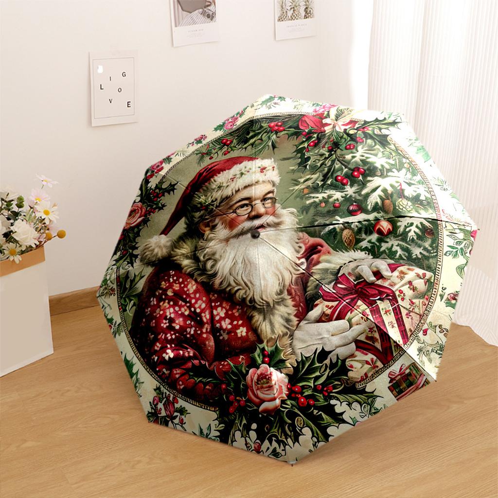 Christmas Santa Claus With Gifts And Festive Decorations Portable Automatic Umbrella With Elegant Collapsible With 8 Rib Foldable Design Travel