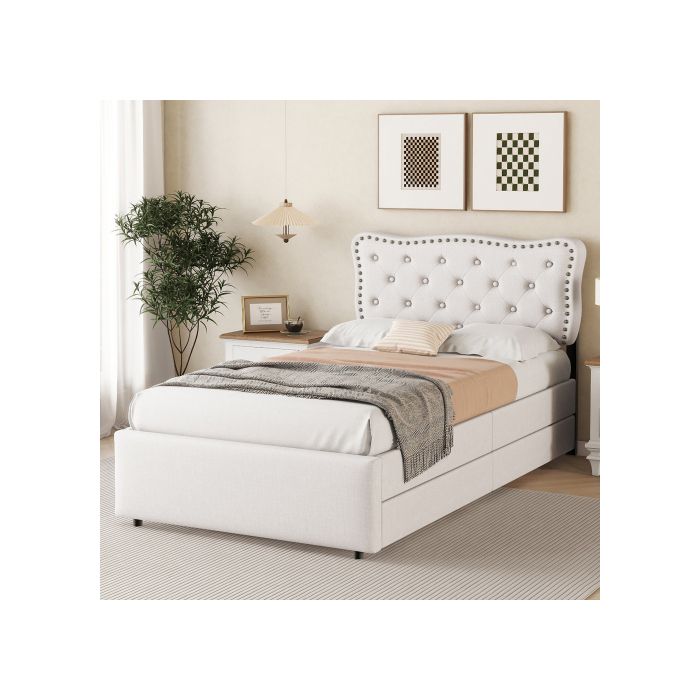 Lit - MUVOE - 90x200 cm - Beige clair - Rembourré avec tiroirs - Design élégant