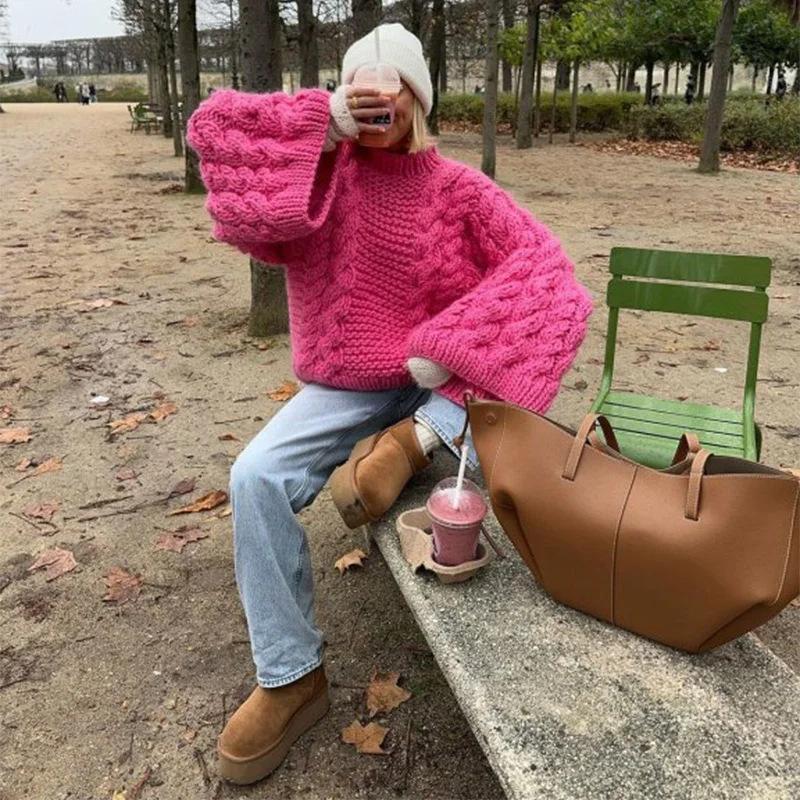 Elegant Solid Knitted Sweaters for Women Casual Oversize Long Lantern Sleeve Pullovers  Autumn O Neck Lady Jumper Tops